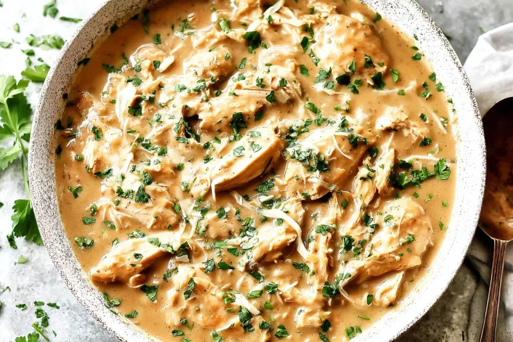 Creamy Crock Pot Chicken and Gravy topped with fresh parsley in a large serving bowl.