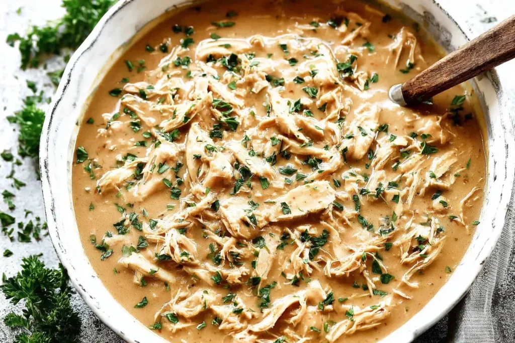 Shredded Crock Pot Chicken and Gravy in a white bowl, garnished with chopped parsley.