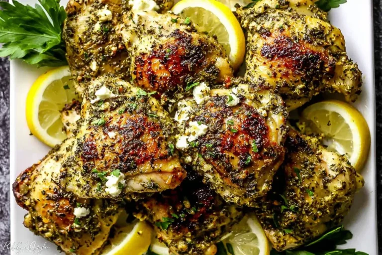 Close-up of juicy Oven Baked Greek Chicken Thighs garnished with lemon slices and herbs