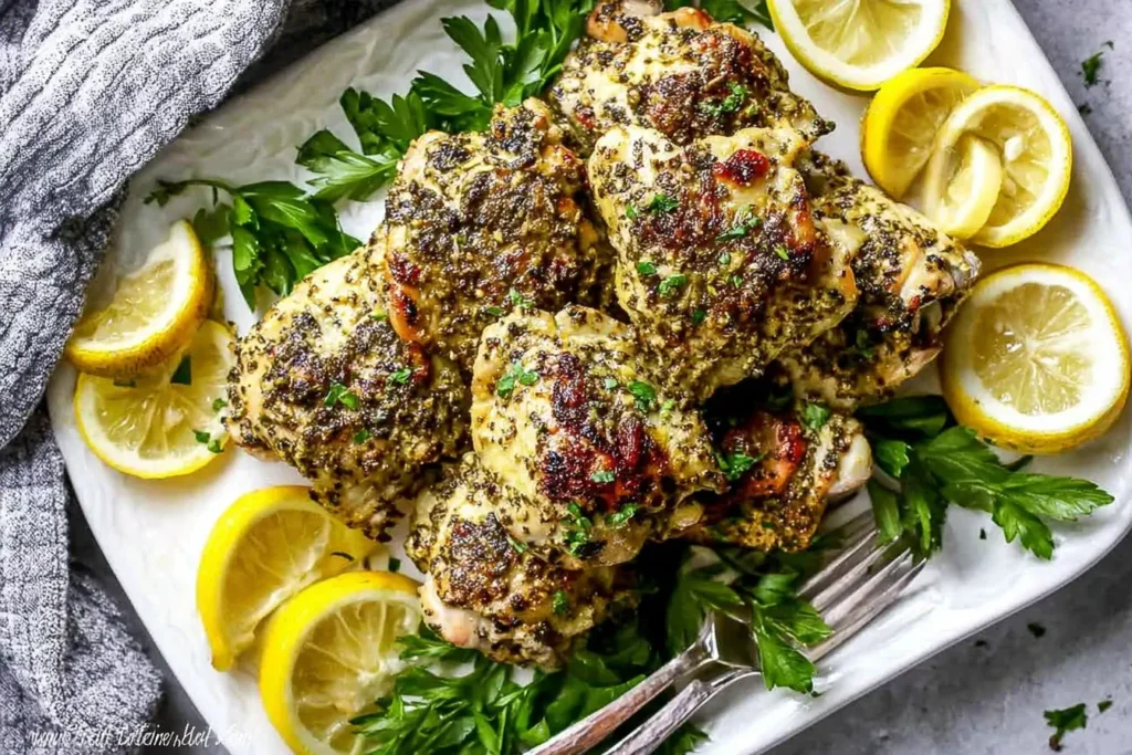 Plate of Oven Baked Greek Chicken Thighs garnished with lemon slices and fresh parsley