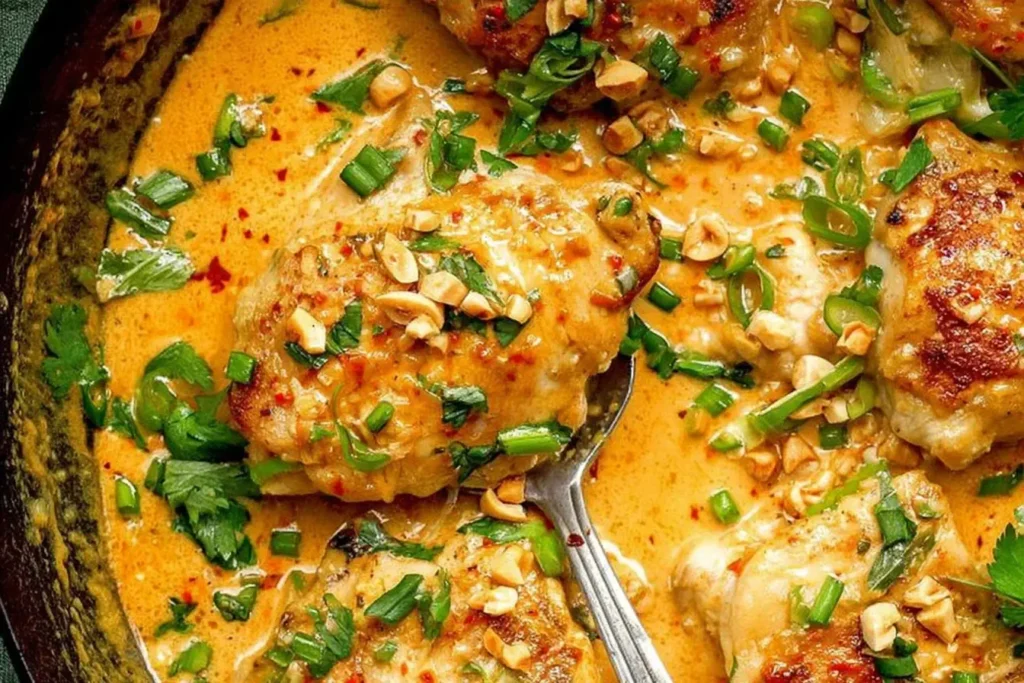 Creamy One Pan Coconut Lime Chicken garnished with peanuts, cilantro, and spring onions in a skillet