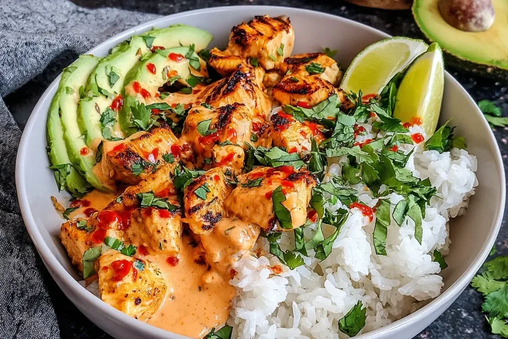 Coconut Chicken Rice Bowl topped with grilled chicken, creamy coconut sauce, avocado slices, cilantro, and lime wedges.