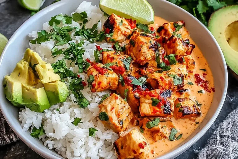 Coconut Chicken Rice Bowl with grilled chicken in creamy coconut sauce, served with white rice, avocado, cilantro, and lime.