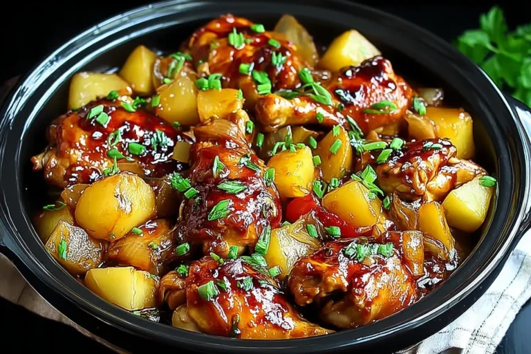 Sweet Hawaiian Crockpot Chicken with tender chicken pieces, pineapple chunks, and vibrant sauce garnished with green herbs in a black slow cooker.