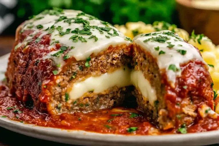 Stuffed Italian Meatloaf sliced open to reveal melted cheese inside, topped with marinara sauce and herbs.