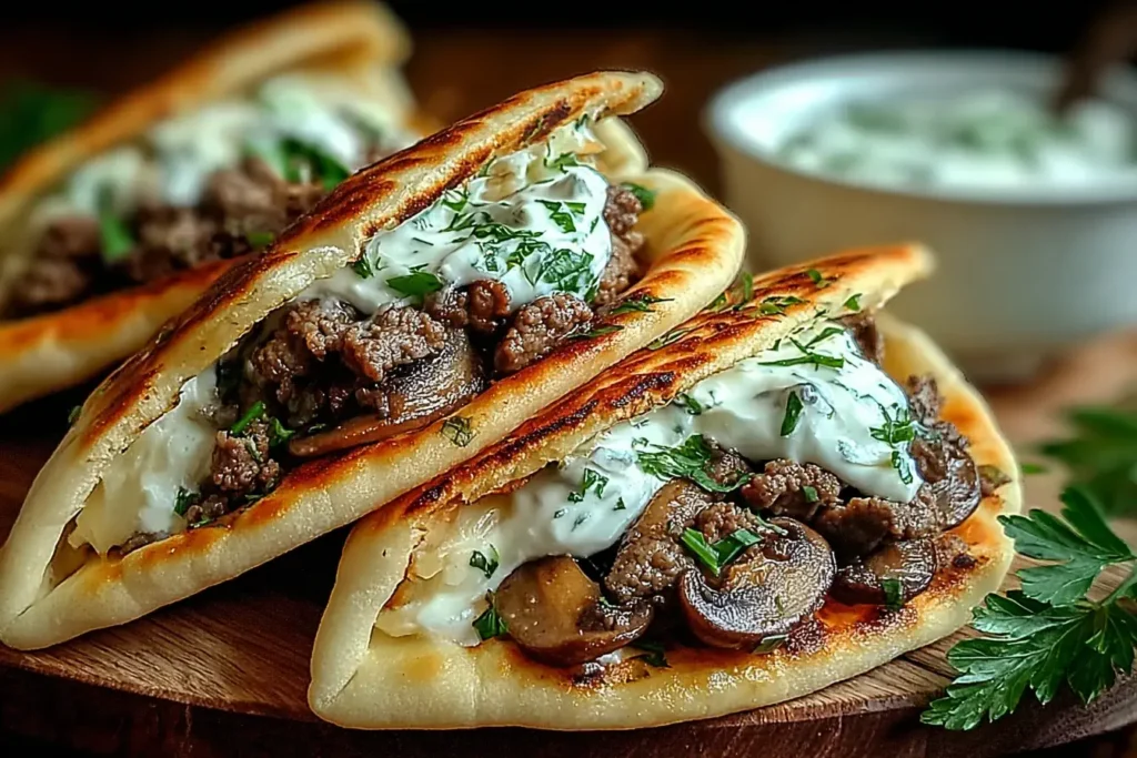 Cheesy Beef and Mushroom Pita Pockets filled with savory ground beef, mushrooms, and topped with creamy tzatziki sauce.