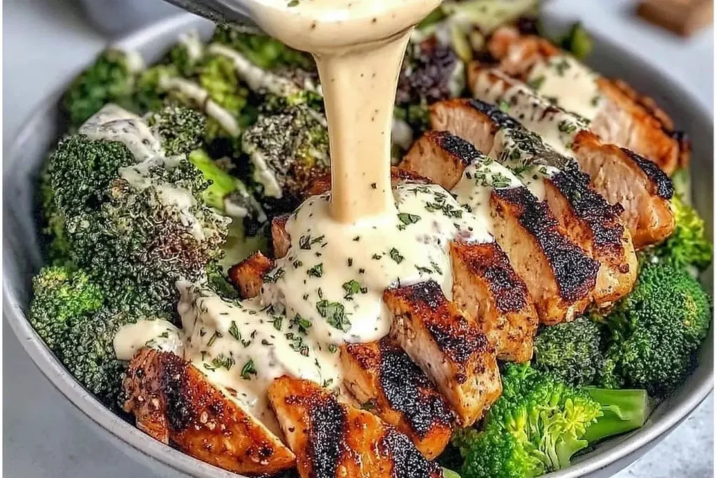 Grilled Chicken Broccoli Bowls with Creamy Garlic Sauce featuring juicy sliced chicken, charred edges, steamed broccoli, and a drizzle of creamy sauce.