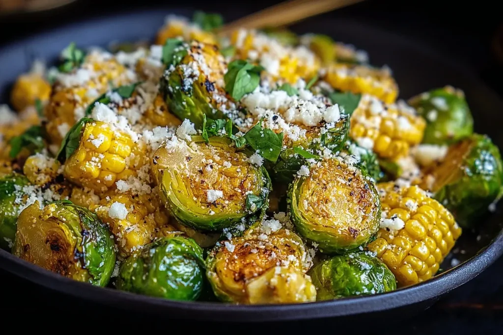 Mexican Street Corn Brussels Sprouts roasted with corn, cotija cheese, and fresh herbs on a dark plate.