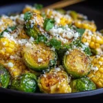 Mexican Street Corn Brussels Sprouts roasted with corn, cotija cheese, and fresh herbs on a dark plate.