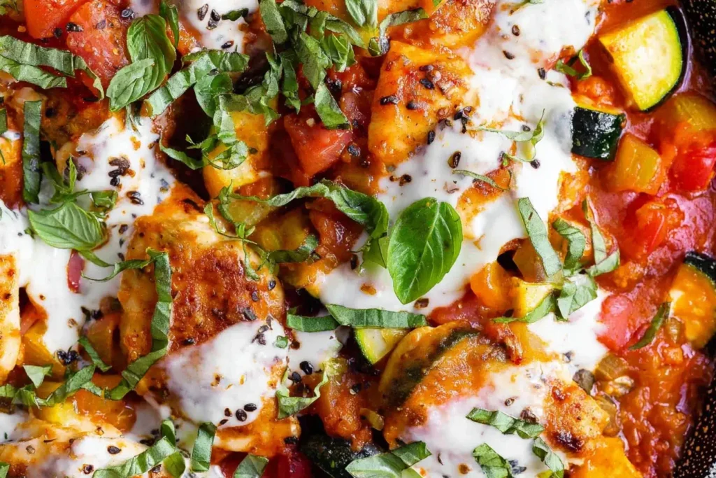 Close-up of Caprese Chicken Zucchini Skillet with melted mozzarella, fresh basil, zucchini, and tomatoes in a rich tomato sauce.