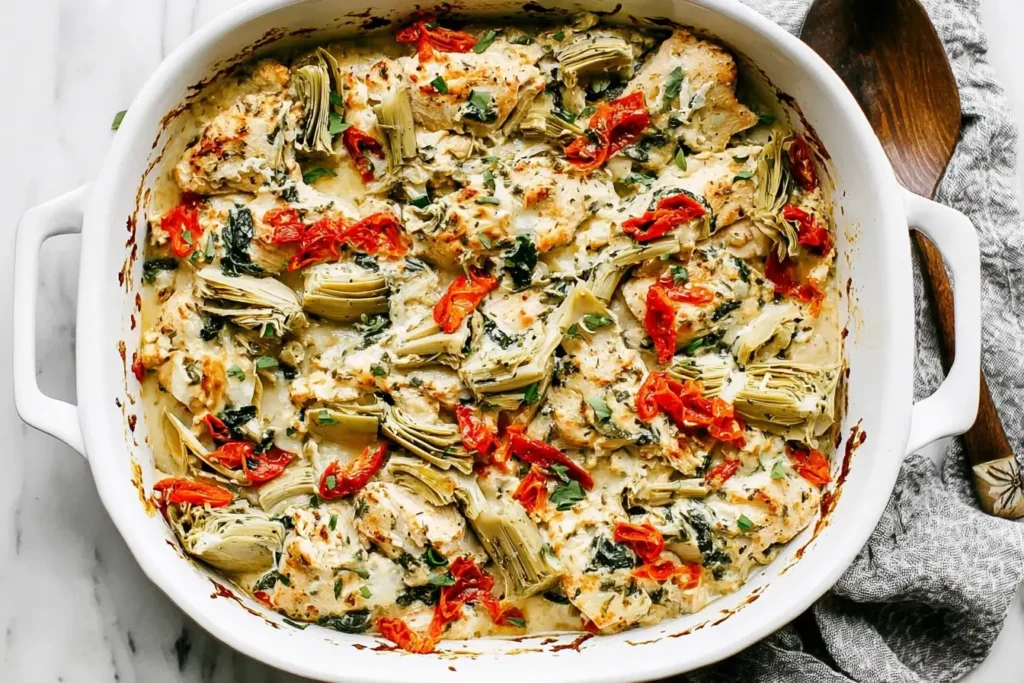 Baked Spinach Artichoke Chicken Bake in a white casserole dish with artichokes, spinach, and red peppers