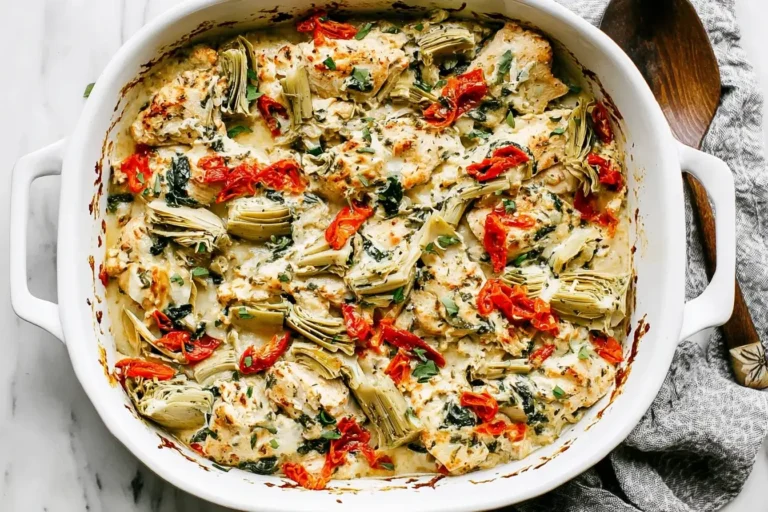 Baked Spinach Artichoke Chicken Bake in a white casserole dish with artichokes, spinach, and red peppers
