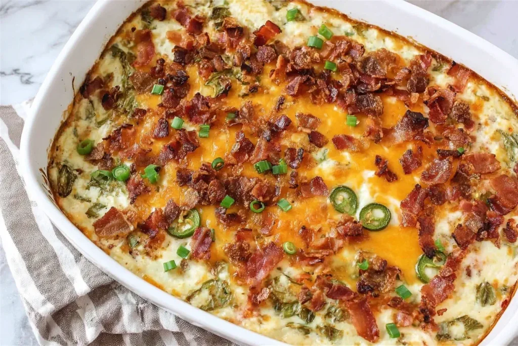 Baked Keto Jalapeno Popper Casserole topped with cheddar, crispy bacon, sliced jalapeños, and green onions in a white casserole dish.