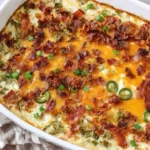 Baked Keto Jalapeno Popper Casserole topped with cheddar, crispy bacon, sliced jalapeños, and green onions in a white casserole dish.