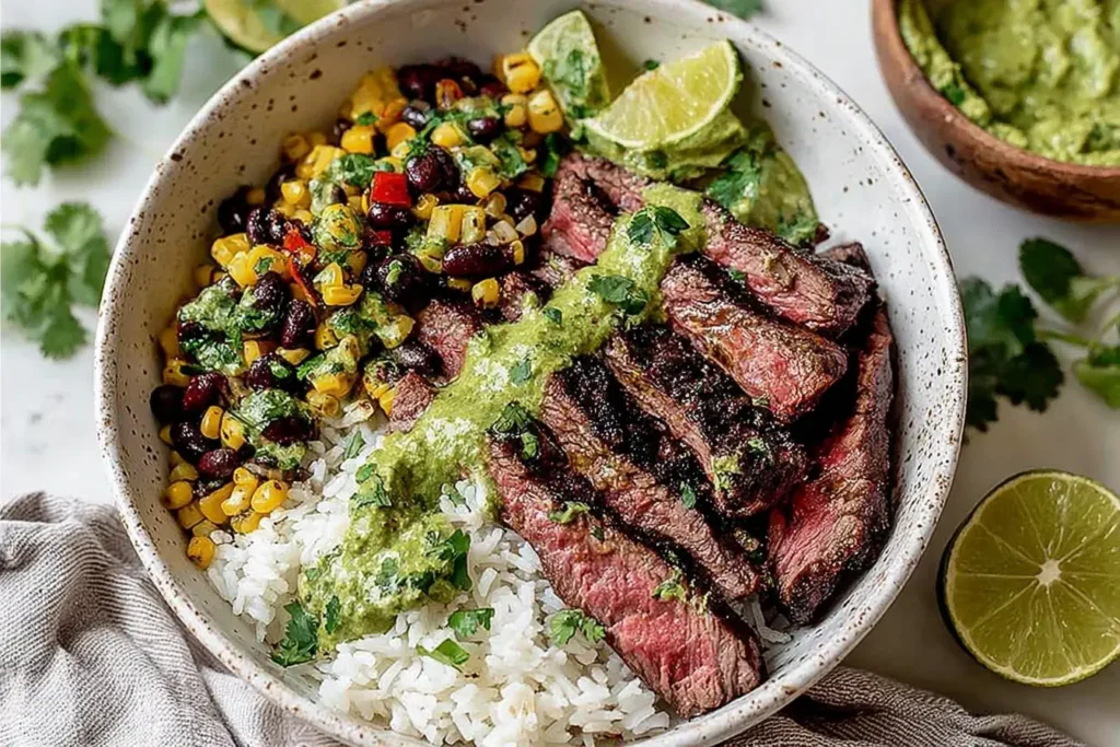 Cilantro Lime Steak Bowls with grilled steak slices, rice, black beans, corn, and green sauce, garnished with lime and cilantro.