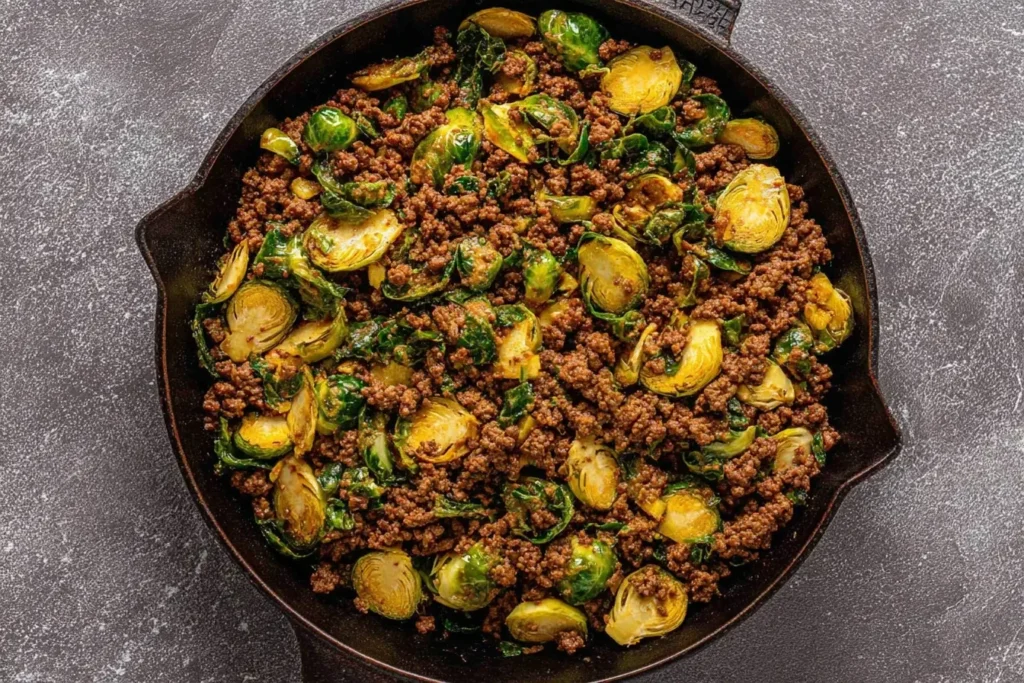 Ground Beef and Brussels Sprouts cooked in a cast iron skillet, featuring golden caramelized sprouts and savory seasoned beef.