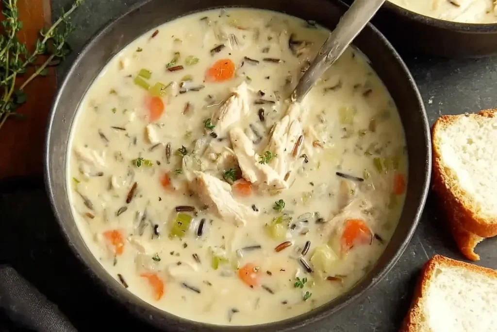 Creamy Copycat Panera Chicken and Wild Rice Soup with carrots, celery, and shredded chicken in a black bowl