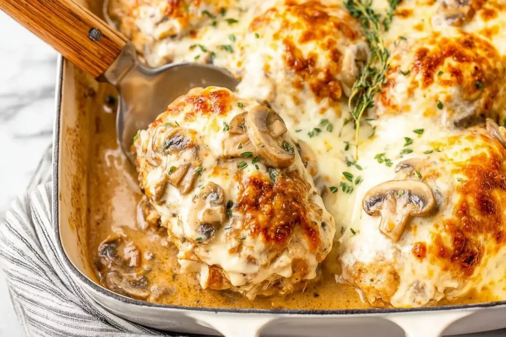 Close-up of golden-baked Chicken Gloria with mushrooms, creamy sauce, and melted cheese in a casserole dish