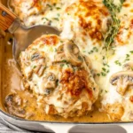 Close-up of golden-baked Chicken Gloria with mushrooms, creamy sauce, and melted cheese in a casserole dish