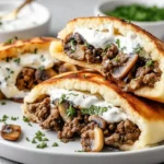 Cheesy Beef and Mushroom Pita Pockets filled with juicy ground beef, mushrooms, and creamy tzatziki sauce on a white plate.