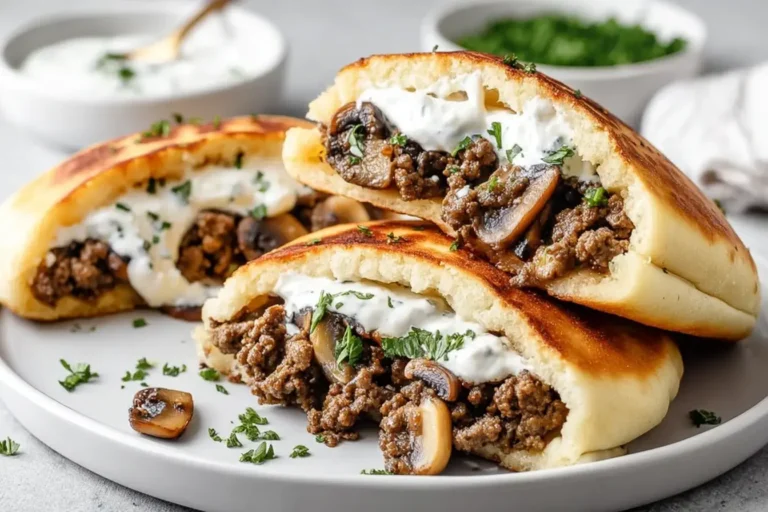 Cheesy Beef and Mushroom Pita Pockets filled with juicy ground beef, mushrooms, and creamy tzatziki sauce on a white plate.