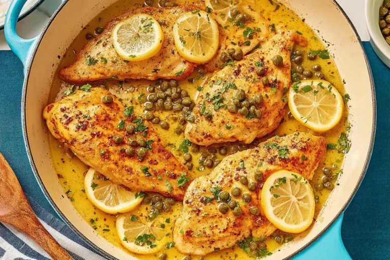 Mediterranean Style Chicken Piccata in a skillet with lemon slices, capers, and golden chicken breasts in a vibrant sauce.