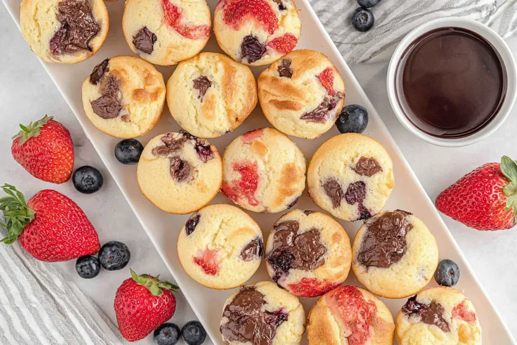 Close-up of freshly baked Pancake Mini Muffins topped with chocolate chips, strawberries, and blueberries, served with a side of syrup.