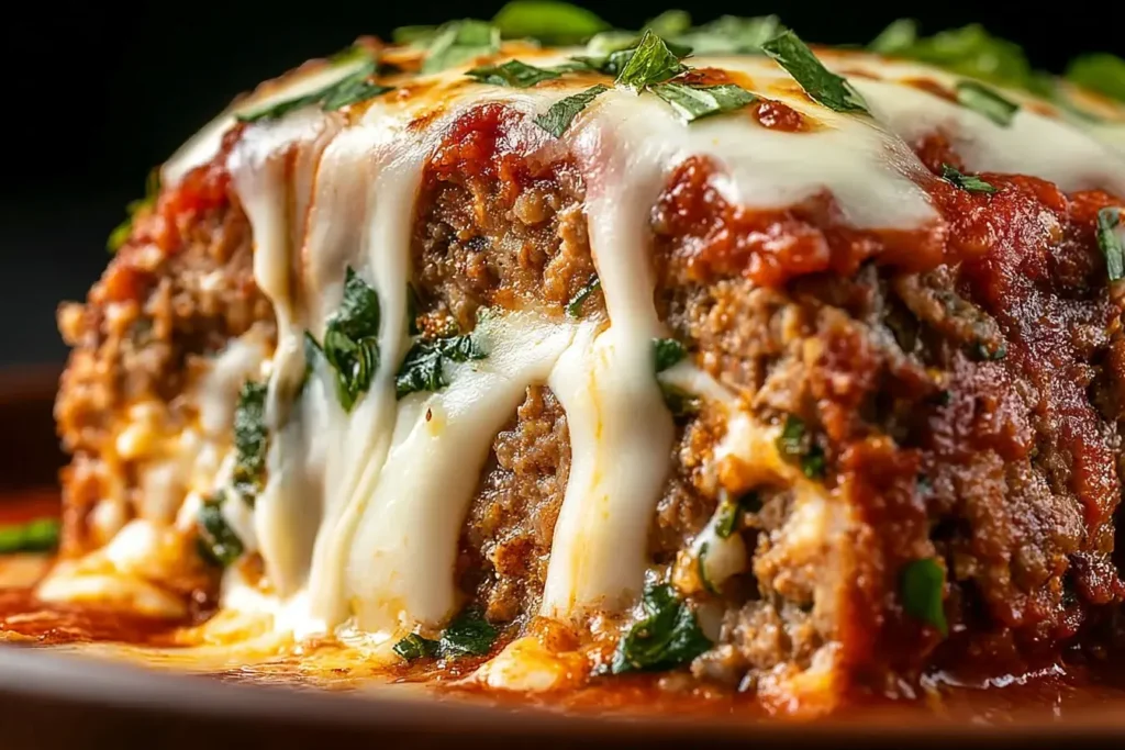 Close-up of Stuffed Italian Meatloaf with melted mozzarella, herbs, and marinara sauce dripping down the sides.