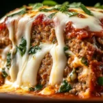 Close-up of Stuffed Italian Meatloaf with melted mozzarella, herbs, and marinara sauce dripping down the sides.