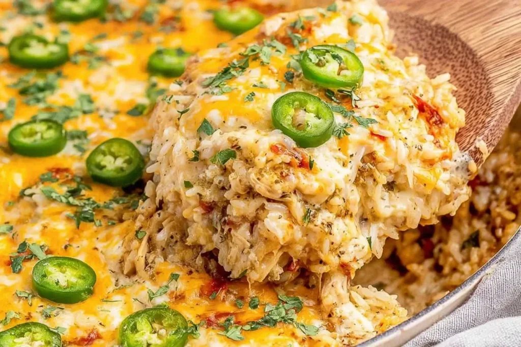 Close-up of cheesy Green Chile Chicken and Rice Casserole with jalapeño slices and fresh herbs.