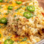 Close-up of cheesy Green Chile Chicken and Rice Casserole with jalapeño slices and fresh herbs.