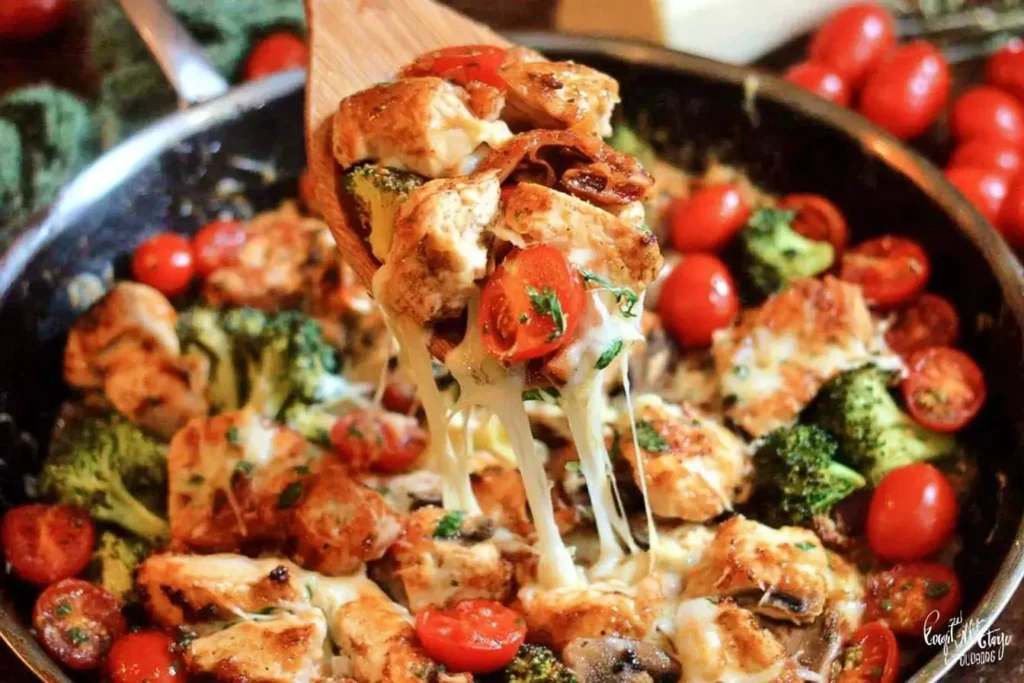 Cheesy Low-Carb Tuscan Chicken lifted from skillet with juicy tomatoes, broccoli, and melted mozzarella.