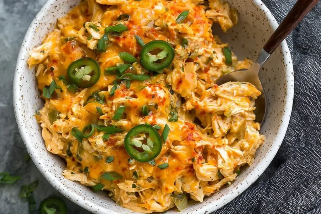 Close-up of creamy Jalapeño Buffalo Chicken Casserole served in a rustic bowl, topped with melted cheese, jalapeños, and green onions.