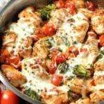 Low-Carb Tuscan Chicken skillet with melted cheese, tomatoes, and broccoli for a delicious low-carb meal.