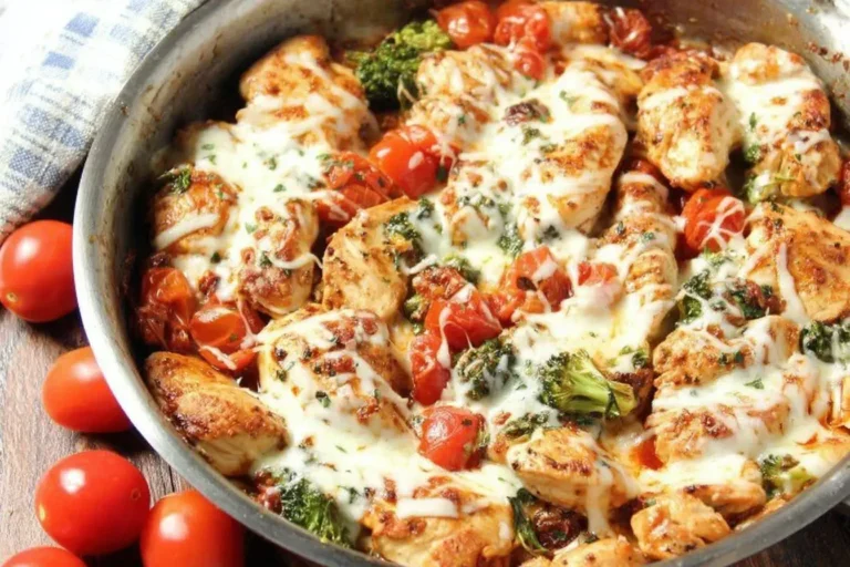 Low-Carb Tuscan Chicken skillet with melted cheese, tomatoes, and broccoli for a delicious low-carb meal.