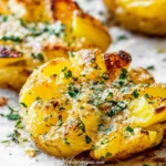 Close-up of crispy Garlic Parmesan Smashed Potatoes topped with melted cheese and herbs.