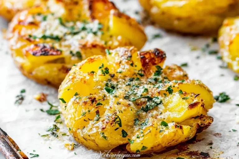 Close-up of crispy Garlic Parmesan Smashed Potatoes topped with melted cheese and herbs.
