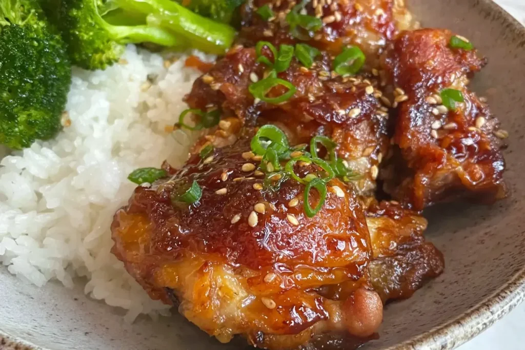 Close-up of crispy Soy Garlic Chicken Thighs served with white rice and broccoli, topped with sesame seeds and green onions.