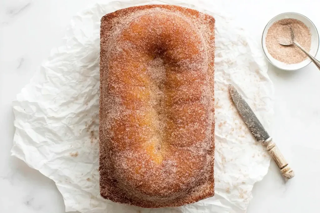 Cinnamon Donut Bread loaf coated in cinnamon sugar, resting on parchment paper with a knife and cinnamon-sugar bowl nearby.