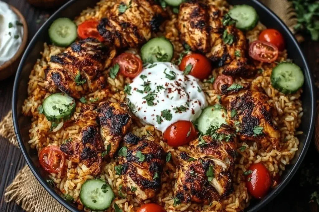 One Pot Shawarma Chicken And Rice served in a bowl with grilled chicken, basmati rice, cucumbers, cherry tomatoes, and a dollop of yogurt sauce.
