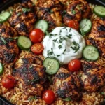 One Pot Shawarma Chicken And Rice with grilled chicken, fluffy spiced rice, cucumbers, cherry tomatoes, and a creamy yogurt topping in a black dish.