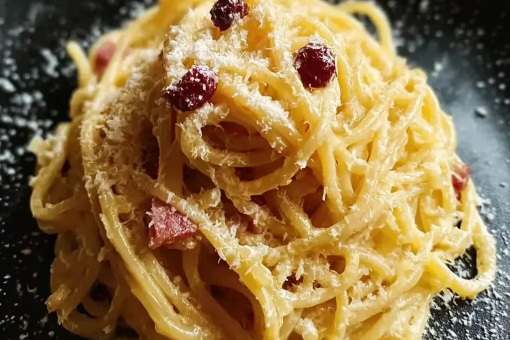 Stanley Tucci’s Pasta Carbonara with creamy spaghetti, crispy pancetta pieces, and grated Pecorino Romano on a dark plate.