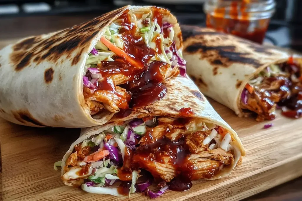 Close-up of BBQ Chicken Coleslaw Wraps filled with shredded chicken, colorful slaw, and drizzled with barbecue sauce, served on a wooden board.