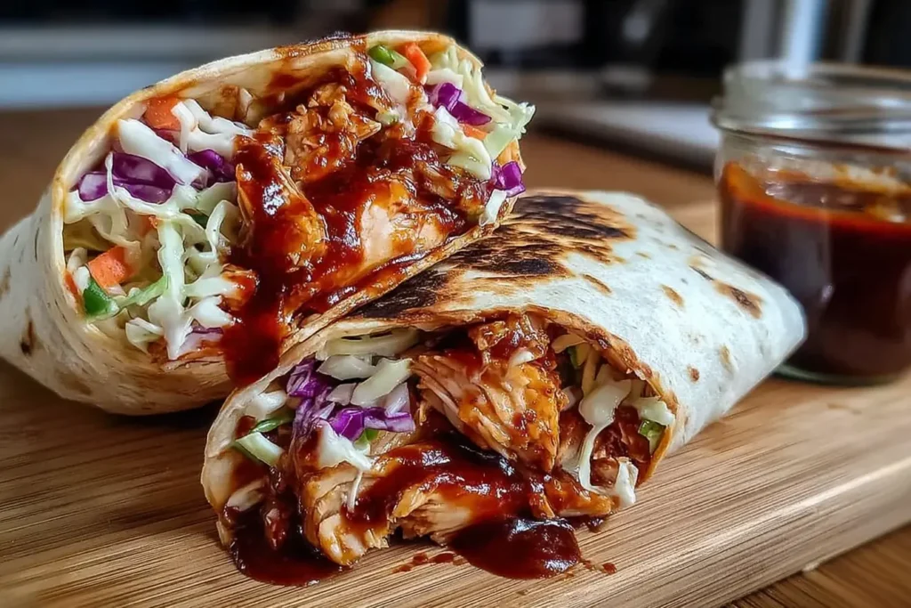 Close-up of BBQ Chicken Coleslaw Wraps filled with shredded chicken, vibrant coleslaw, and tangy BBQ sauce, with a jar of sauce in the background.