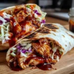 Close-up of BBQ Chicken Coleslaw Wraps filled with shredded chicken, vibrant coleslaw, and tangy BBQ sauce, with a jar of sauce in the background.