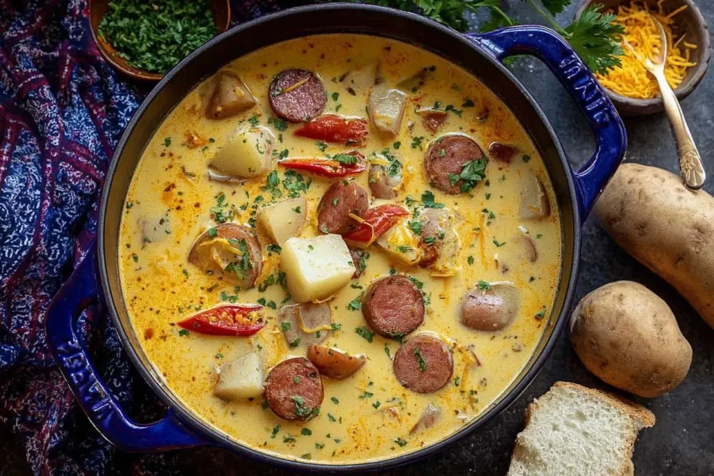 Cajun Potato Soup in a blue pot with chunky potatoes, sliced Andouille sausage, and red peppers in a creamy, spicy broth.