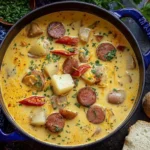 Cajun Potato Soup in a blue pot with chunky potatoes, sliced Andouille sausage, and red peppers in a creamy, spicy broth.