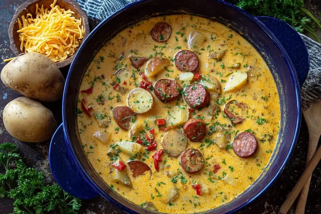Cajun Potato Soup in a blue pot with sliced Andouille sausage, potatoes, and vibrant peppers in a creamy broth.