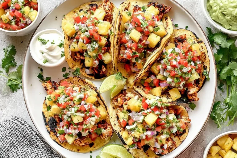 Chili Lime Chicken Tacos with Grilled Pineapple Salsa served on corn tortillas with vibrant pineapple salsa and lime wedges.