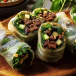 Fresh Thai Basil Beef Rolls filled with tender beef, herbs, and crunchy vegetables on a wooden plate.